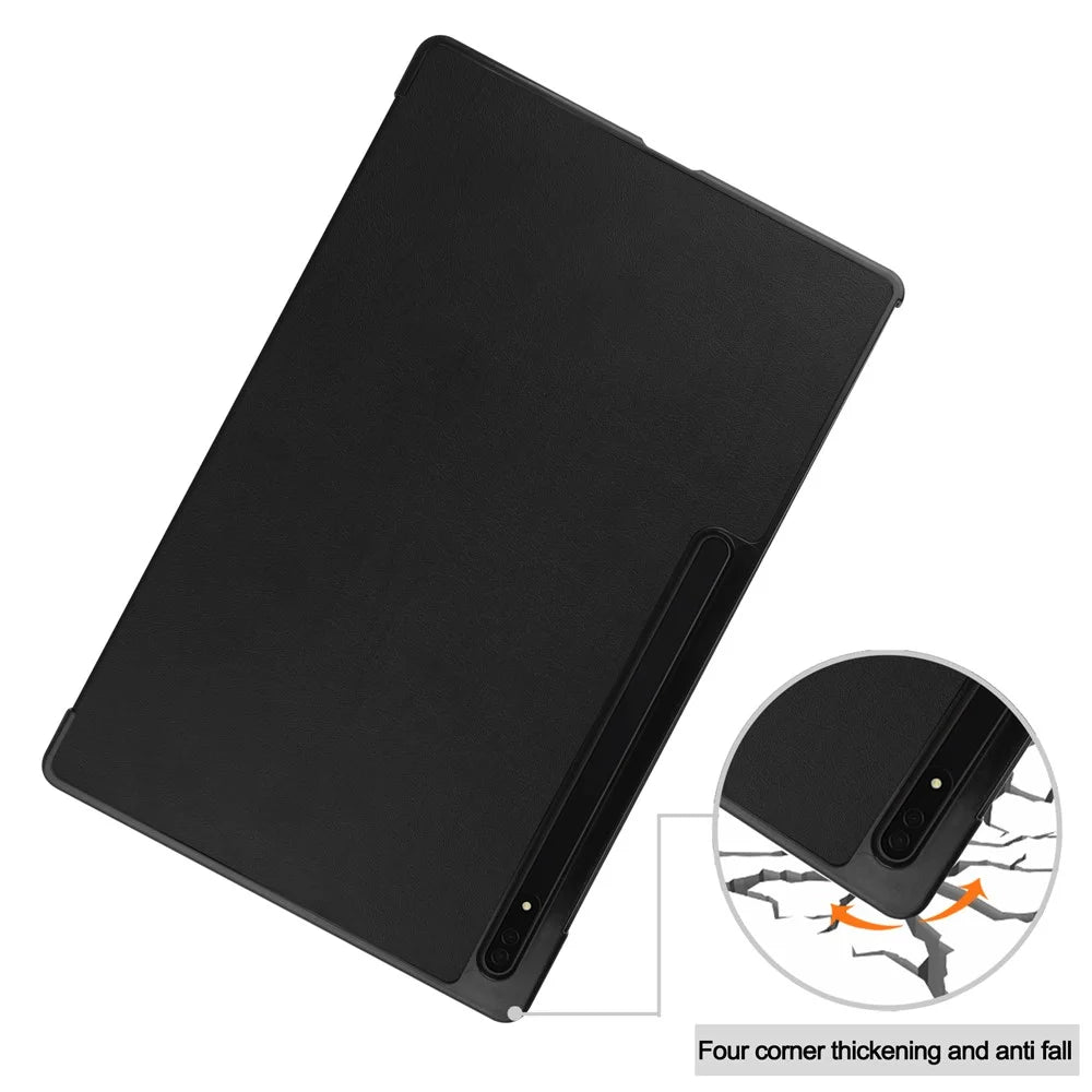 For Samsung Galaxy Tab S8 Ultra Tri-fold Stand Tablet Case Auto Wake / Sleep Leather Tablet Cover - Black - 7