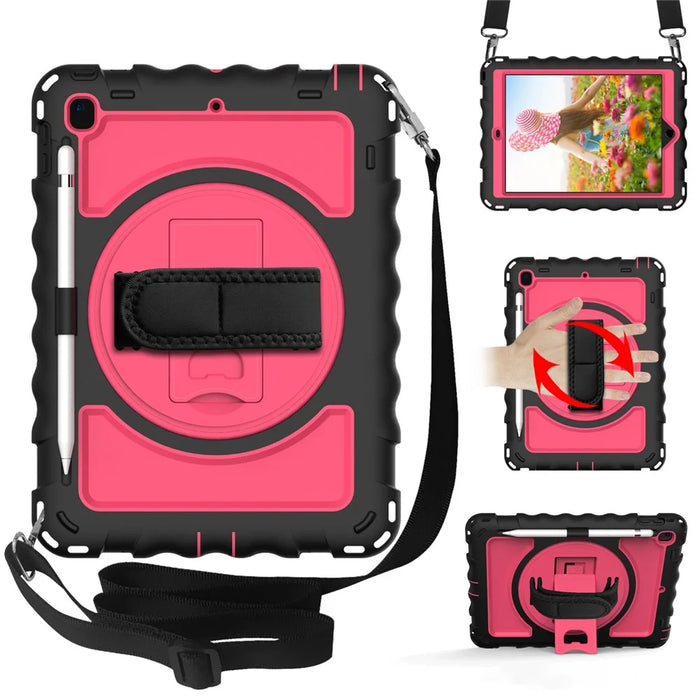 Kickstand Case for iPad Pro 9.7 inch (2016) / iPad 9.7-inch (2017) / (2018) / iPad Air 2 Silicone+PC Tablet Cover with Shoulder Strap - Black+Rose - 1