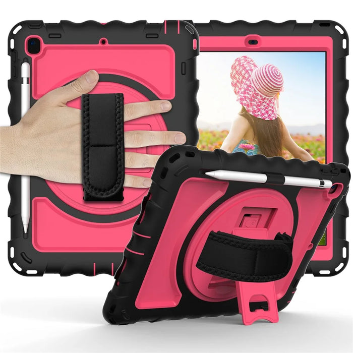 Kickstand Case for iPad Pro 9.7 inch (2016) / iPad 9.7-inch (2017) / (2018) / iPad Air 2 Silicone+PC Tablet Cover with Shoulder Strap - Black+Rose - 2