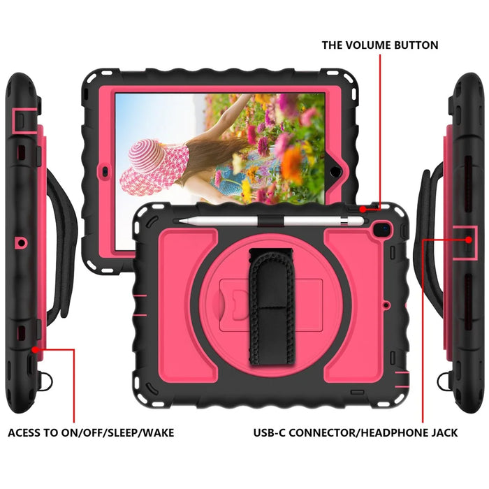 Kickstand Case for iPad Pro 9.7 inch (2016) / iPad 9.7-inch (2017) / (2018) / iPad Air 2 Silicone+PC Tablet Cover with Shoulder Strap - Black+Rose - 3