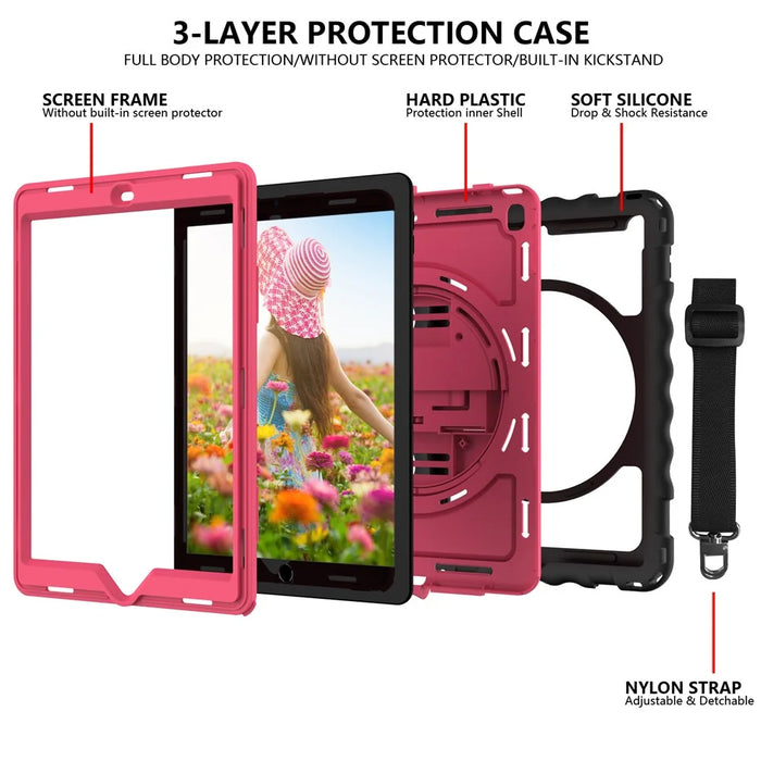 Kickstand Case for iPad Pro 9.7 inch (2016) / iPad 9.7-inch (2017) / (2018) / iPad Air 2 Silicone+PC Tablet Cover with Shoulder Strap - Black+Rose - 4