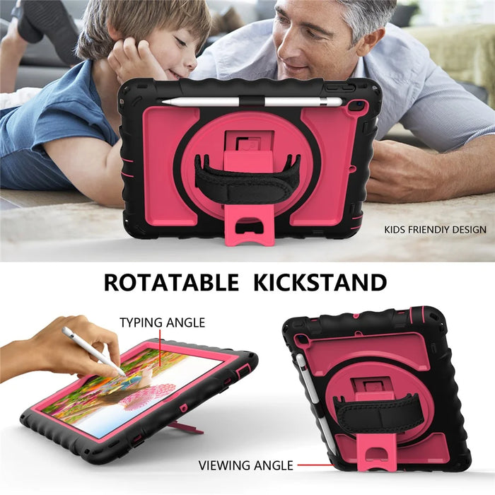 Kickstand Case for iPad Pro 9.7 inch (2016) / iPad 9.7-inch (2017) / (2018) / iPad Air 2 Silicone+PC Tablet Cover with Shoulder Strap - Black+Rose - 6