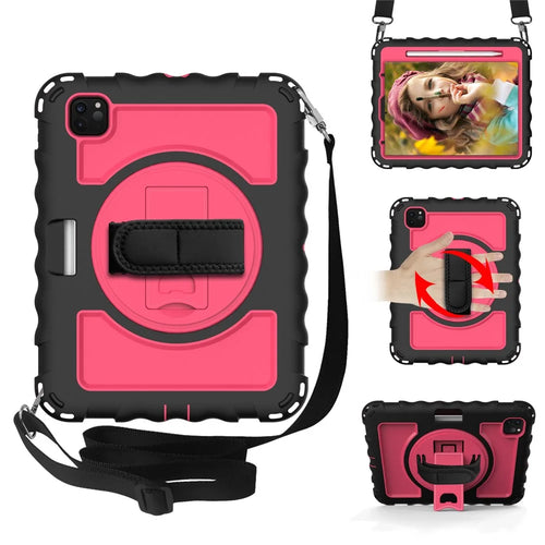 For iPad Pro 11-inch (2018) / (2020) / (2021) / (2022) / Air (2022) / (2020) Silicone+PC Case Rotary Kickstand Tablet Cover with Strap - Black+Rose - 1