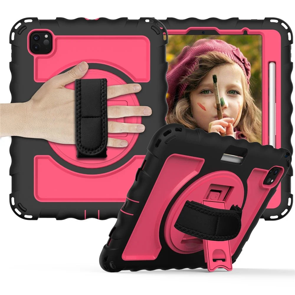 For iPad Pro 11-inch (2018) / (2020) / (2021) / (2022) / Air (2022) / (2020) Silicone+PC Case Rotary Kickstand Tablet Cover with Strap - Black+Rose - 2
