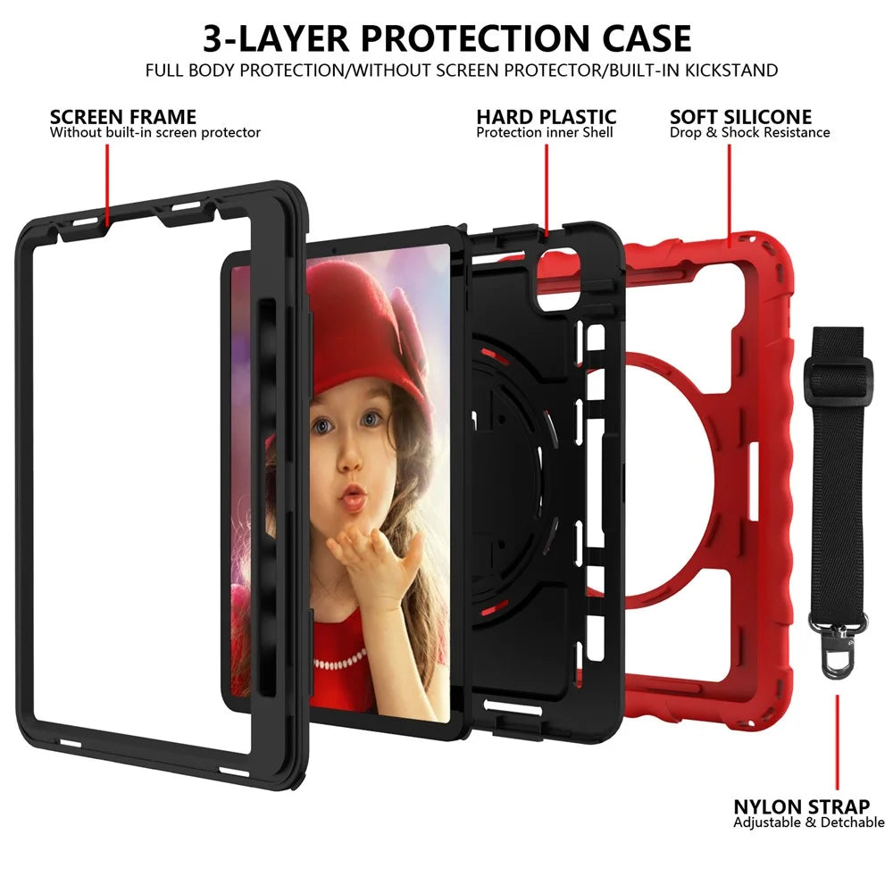 For iPad Pro 11-inch (2018) / (2020) / (2021) / (2022) / Air (2022) / (2020) Silicone+PC Case Rotary Kickstand Tablet Cover with Strap - Black+Rose - 3