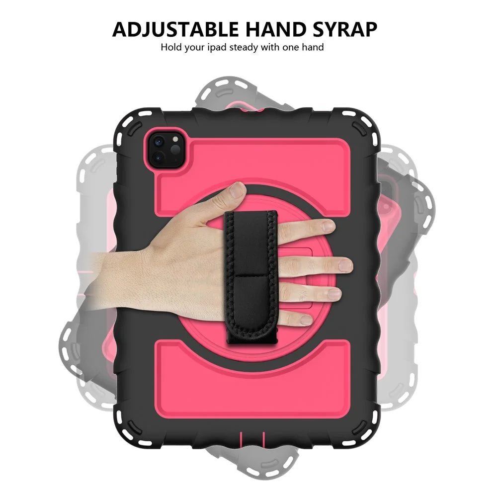 For iPad Pro 11-inch (2018) / (2020) / (2021) / (2022) / Air (2022) / (2020) Silicone+PC Case Rotary Kickstand Tablet Cover with Strap - Black+Rose - 4