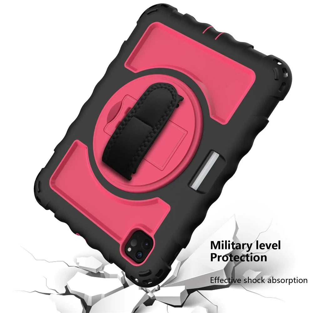 For iPad Pro 11-inch (2018) / (2020) / (2021) / (2022) / Air (2022) / (2020) Silicone+PC Case Rotary Kickstand Tablet Cover with Strap - Black+Rose - 5