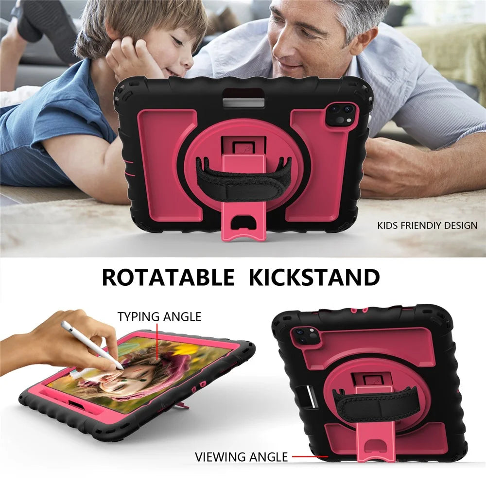 For iPad Pro 11-inch (2018) / (2020) / (2021) / (2022) / Air (2022) / (2020) Silicone+PC Case Rotary Kickstand Tablet Cover with Strap - Black+Rose - 6