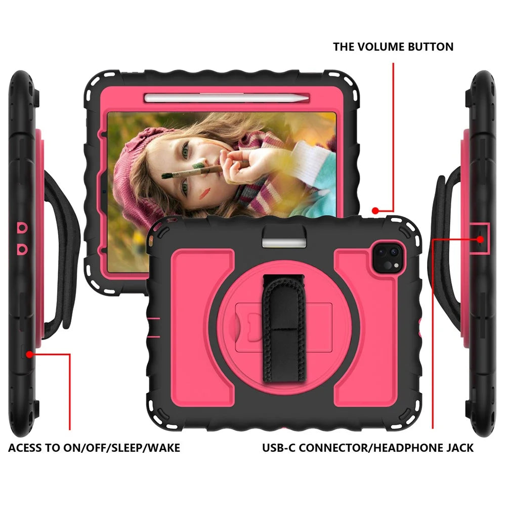 For iPad Pro 11-inch (2018) / (2020) / (2021) / (2022) / Air (2022) / (2020) Silicone+PC Case Rotary Kickstand Tablet Cover with Strap - Black+Rose - 7