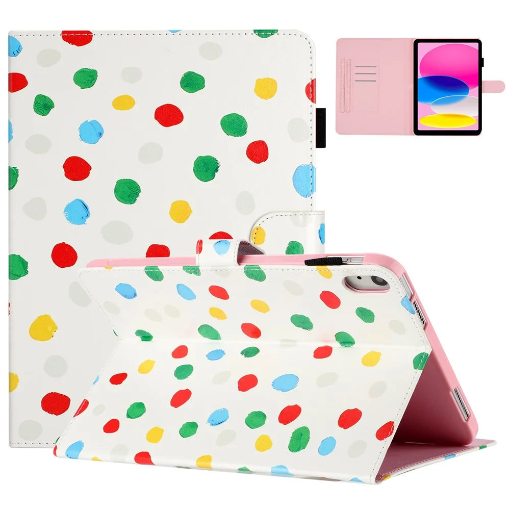 For iPad (2025) / 10.9 (2022) PU Leather Tablet Cover Dots Pattern Stand Smart Cover with Card Holder - White / Multi-Color Dots - 1