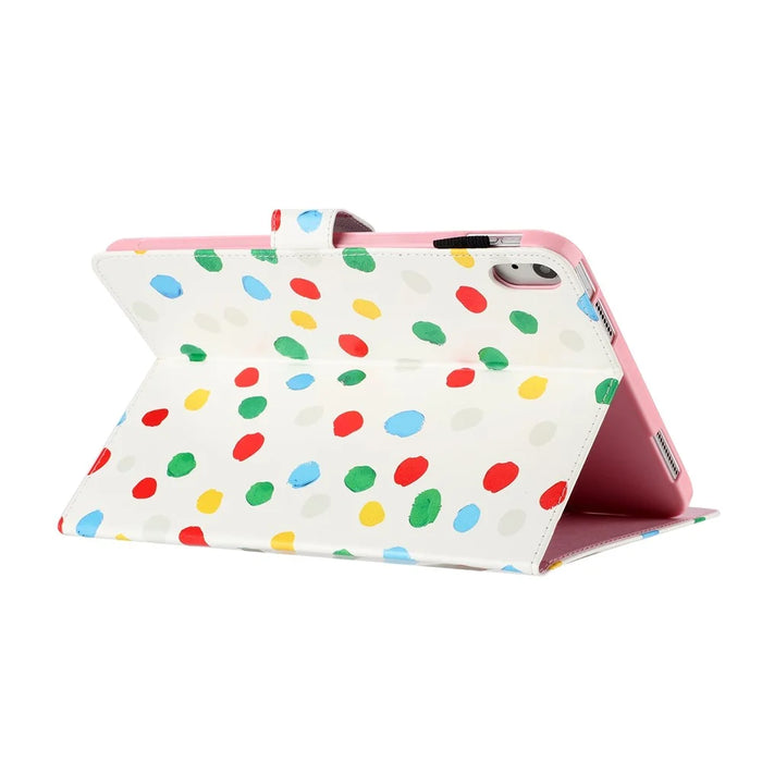 For iPad (2025) / 10.9 (2022) PU Leather Tablet Cover Dots Pattern Stand Smart Cover with Card Holder - White / Multi-Color Dots - 4