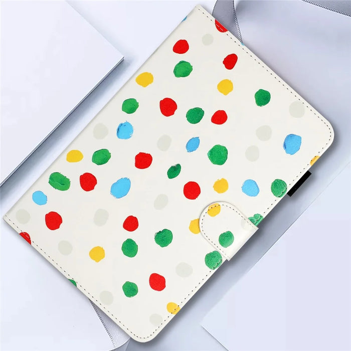 For iPad (2025) / 10.9 (2022) PU Leather Tablet Cover Dots Pattern Stand Smart Cover with Card Holder - White / Multi-Color Dots - 7