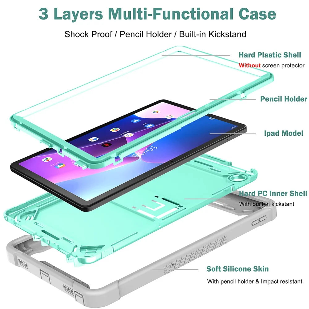 For Lenovo Tab M10 Plus (3rd Gen) / Xiaoxin Pad 2022 10.6 inch Anti-Scratch Tablet Cover Kickstand Silicone + PC Case Shell - Grey+Mint Green - 4
