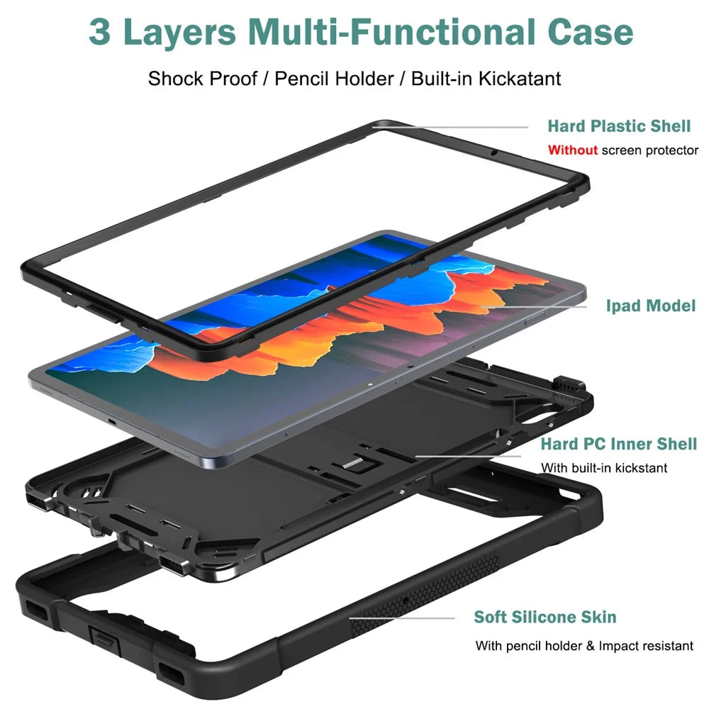Shockproof Cover for Samsung Galaxy Tab S8 / S7 , Kickstand Silicone + PC Tablet Case - Black - 4