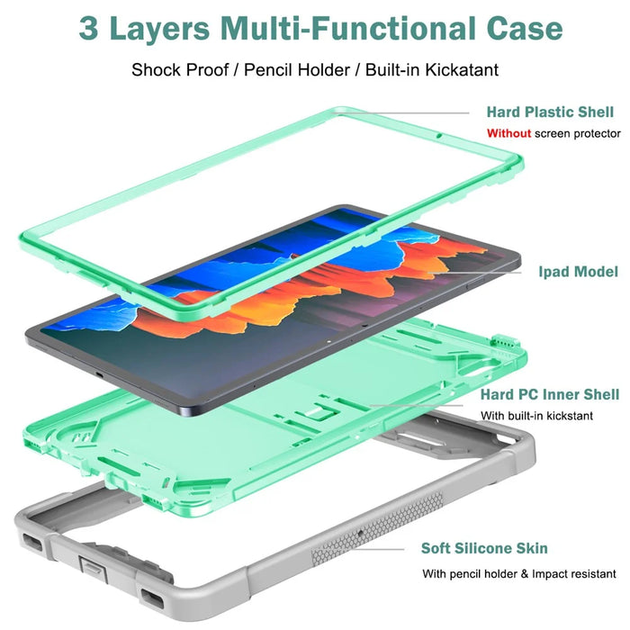 For Samsung Galaxy Tab S8 Ultra Kickstand Tablet Case Silicone + PC Shockproof Cover - Grey+Mint Green - 5