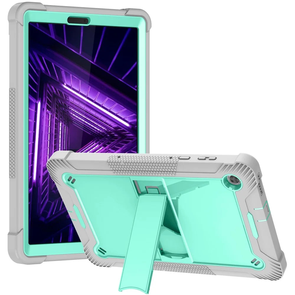 For Lenovo Tab M10 Plus Kickstand Tablet Case Silicone + PC Rugged Kids Protective Cover - Grey+Mint Green - 1
