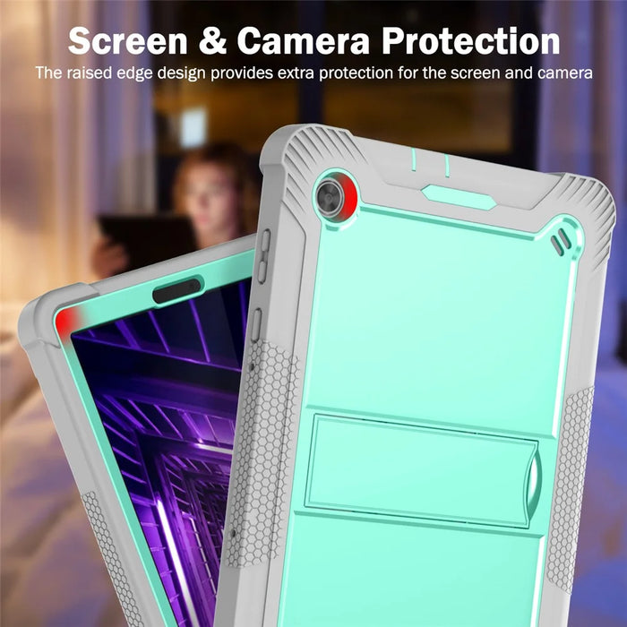 For Lenovo Tab M10 Plus Kickstand Tablet Case Silicone + PC Rugged Kids Protective Cover - Grey+Mint Green - 6