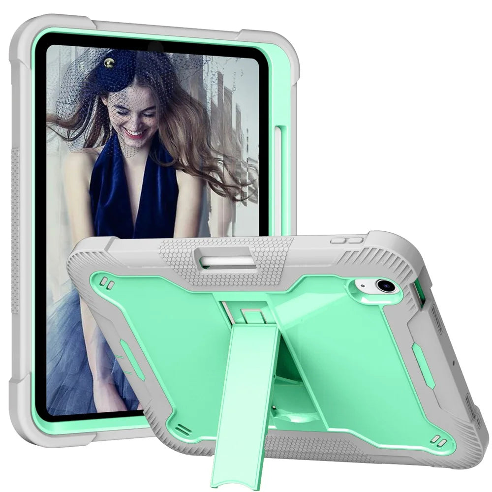 For iPad  (2025)/10.9 (2022) Tablet Cover Silicone + PC Kickstand Case with Pen Slot - Grey+Mint Green - 1