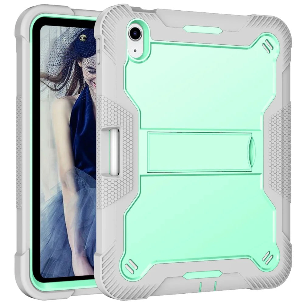 For iPad  (2025)/10.9 (2022) Tablet Cover Silicone + PC Kickstand Case with Pen Slot - Grey+Mint Green - 2