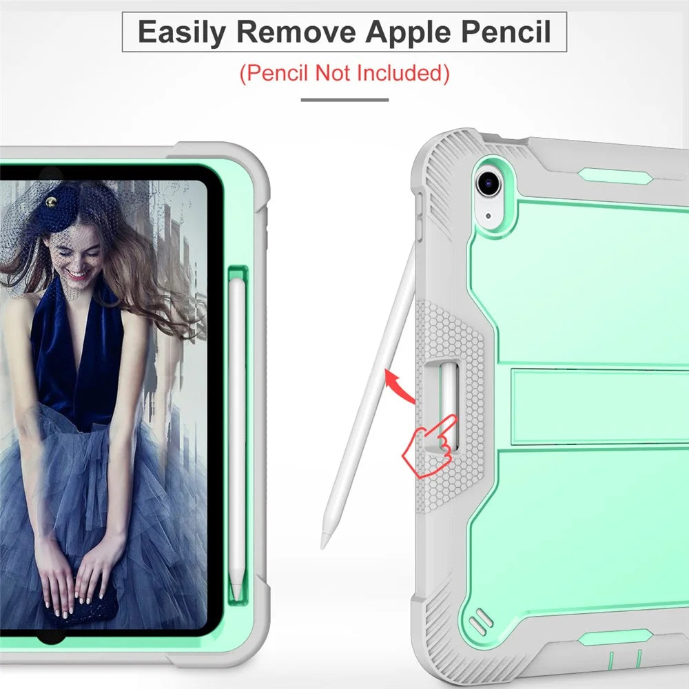 For iPad  (2025)/10.9 (2022) Tablet Cover Silicone + PC Kickstand Case with Pen Slot - Grey+Mint Green - 3