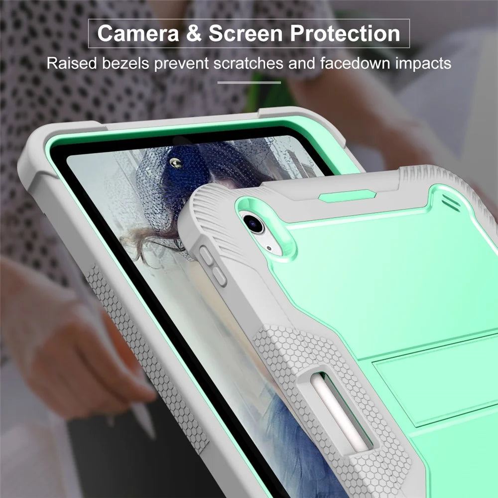 For iPad  (2025)/10.9 (2022) Tablet Cover Silicone + PC Kickstand Case with Pen Slot - Grey+Mint Green - 4