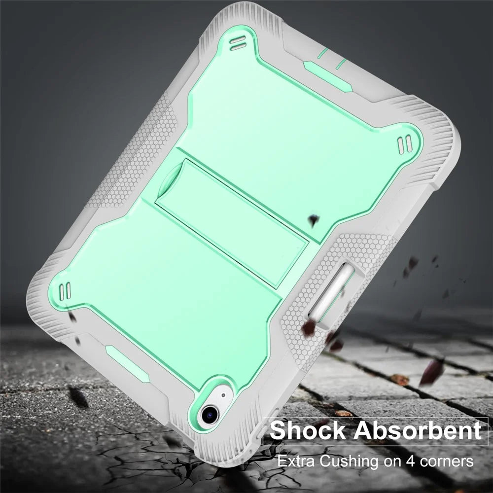 For iPad  (2025)/10.9 (2022) Tablet Cover Silicone + PC Kickstand Case with Pen Slot - Grey+Mint Green - 5