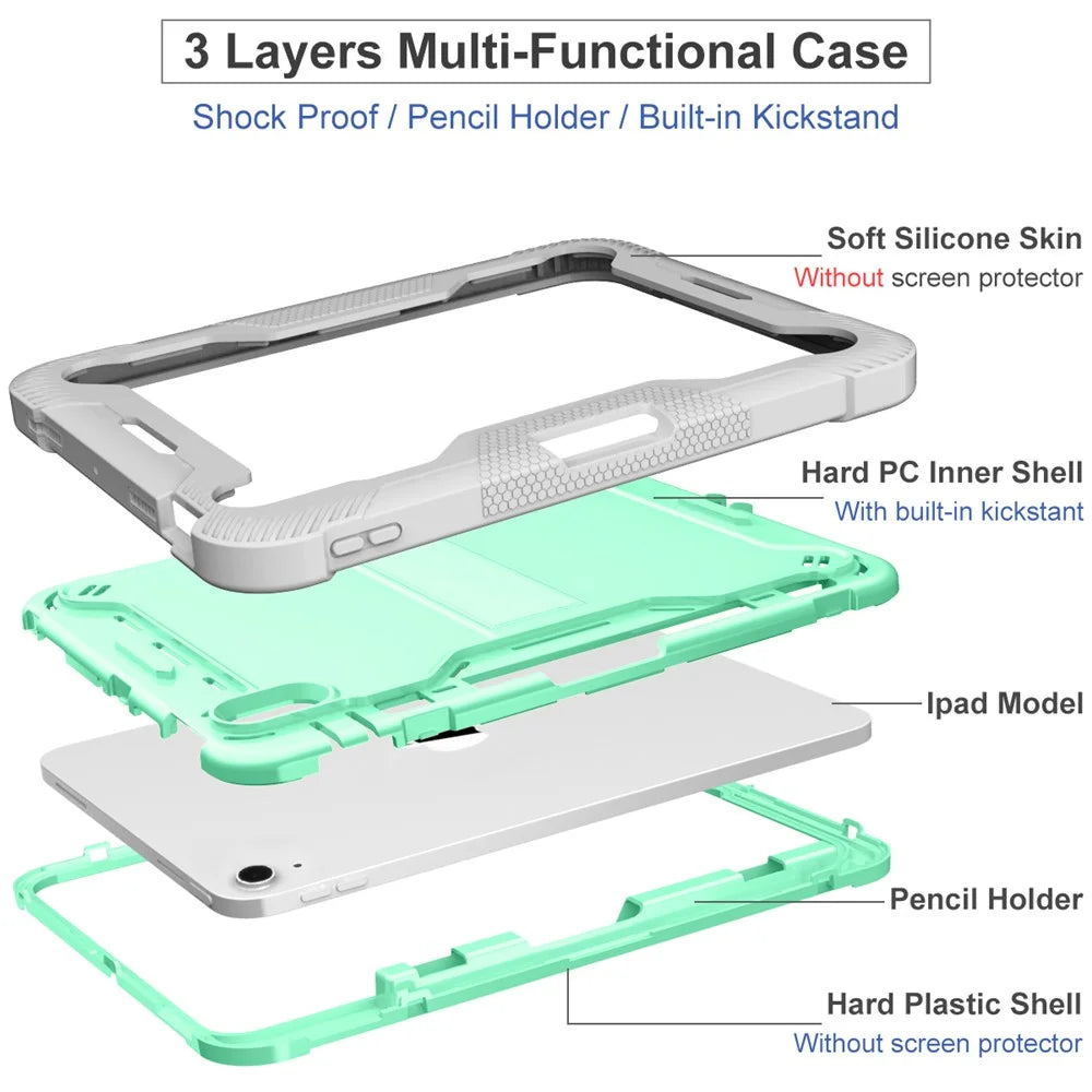 For iPad  (2025)/10.9 (2022) Tablet Cover Silicone + PC Kickstand Case with Pen Slot - Grey+Mint Green - 6