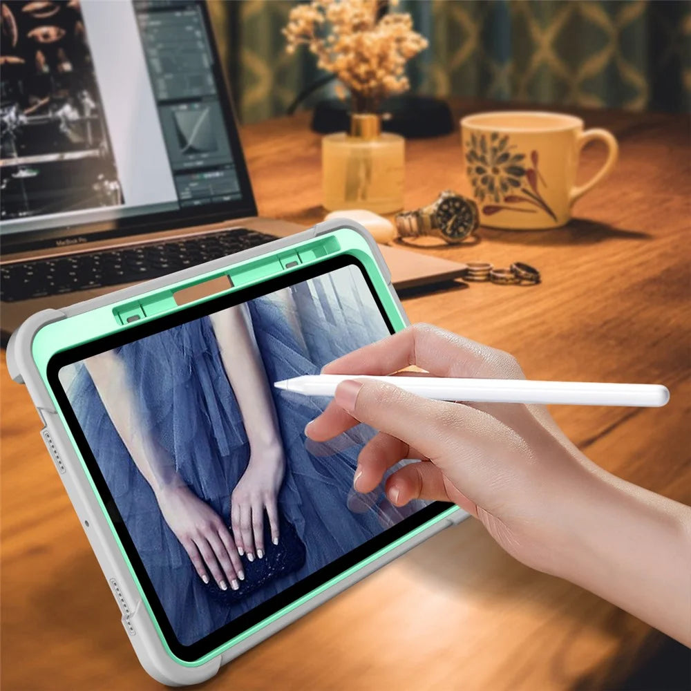 For iPad  (2025)/10.9 (2022) Tablet Cover Silicone + PC Kickstand Case with Pen Slot - Grey+Mint Green - 7