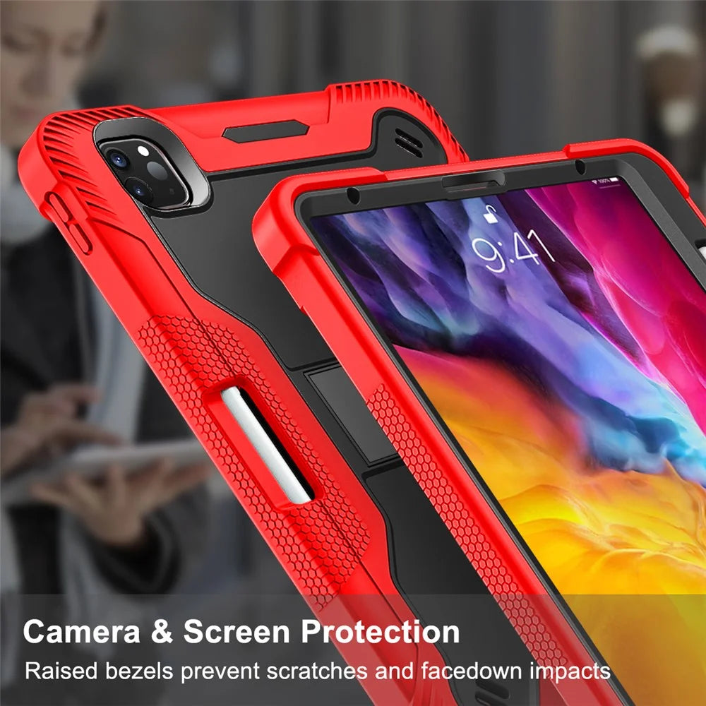 Tablet Case for iPad Pro 11 (2018) / (2020) / (2021) / (2022) / iPad Air (2020) / (2022) , Silicone + PC Kickstand Cover with Pencil Holder - Red  /  Black - 2