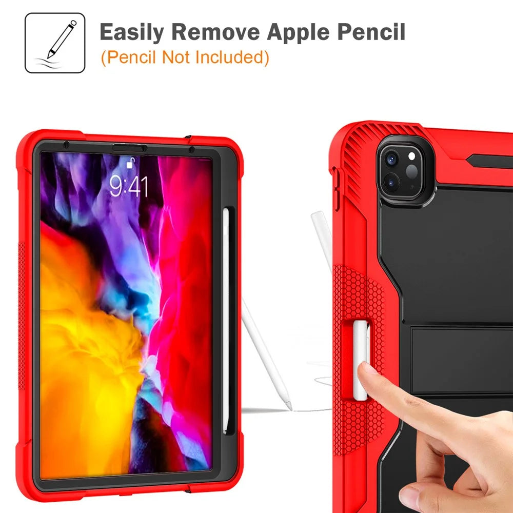 Tablet Case for iPad Pro 11 (2018) / (2020) / (2021) / (2022) / iPad Air (2020) / (2022) , Silicone + PC Kickstand Cover with Pencil Holder - Red  /  Black - 3