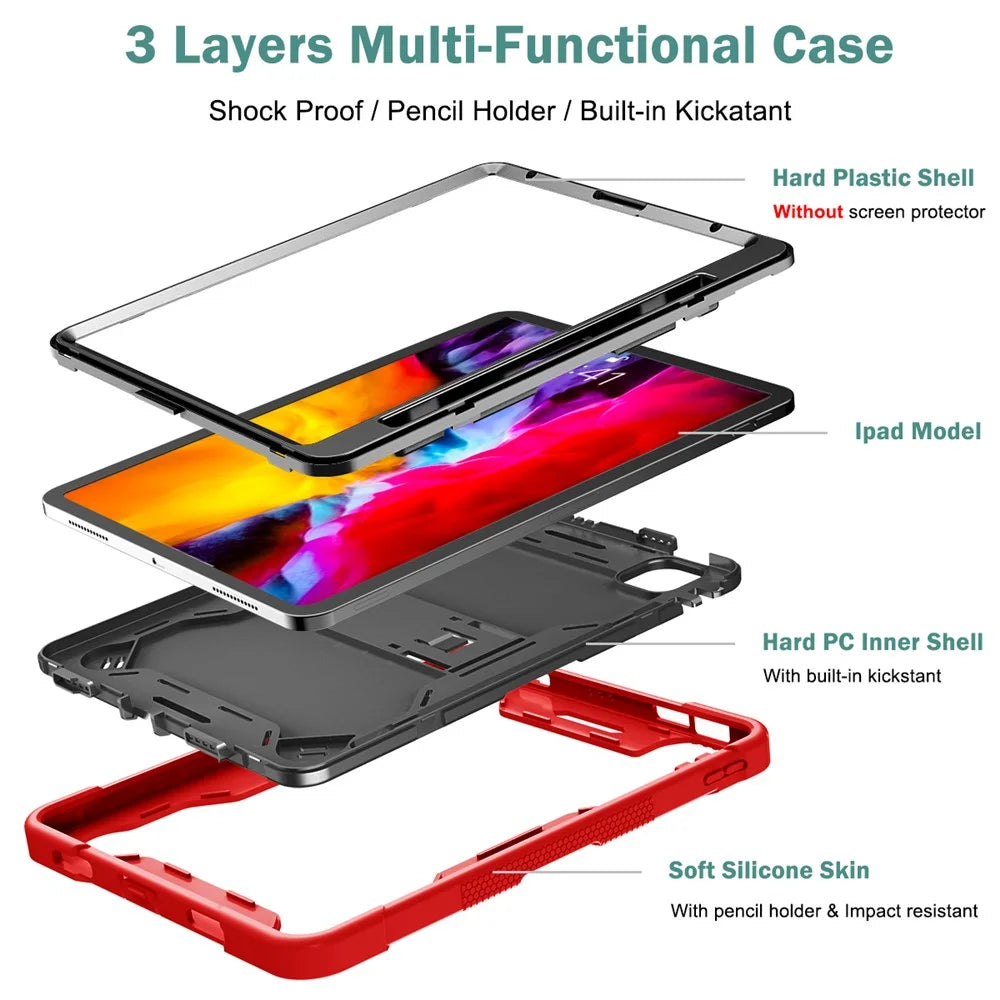 Tablet Case for iPad Pro 11 (2018) / (2020) / (2021) / (2022) / iPad Air (2020) / (2022) , Silicone + PC Kickstand Cover with Pencil Holder - Red  /  Black - 5
