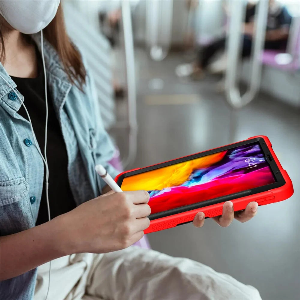 Tablet Case for iPad Pro 11 (2018) / (2020) / (2021) / (2022) / iPad Air (2020) / (2022) , Silicone + PC Kickstand Cover with Pencil Holder - Red  /  Black - 6