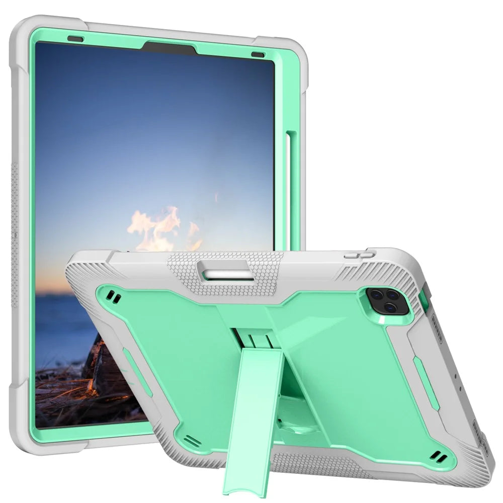 Kickstand Tablet Case for iPad Pro 12.9 (2018) / (2020) / (2021) / (2022) , Silicone + PC Protective Cover with Pencil Holder - Grey+Mint Green - 1