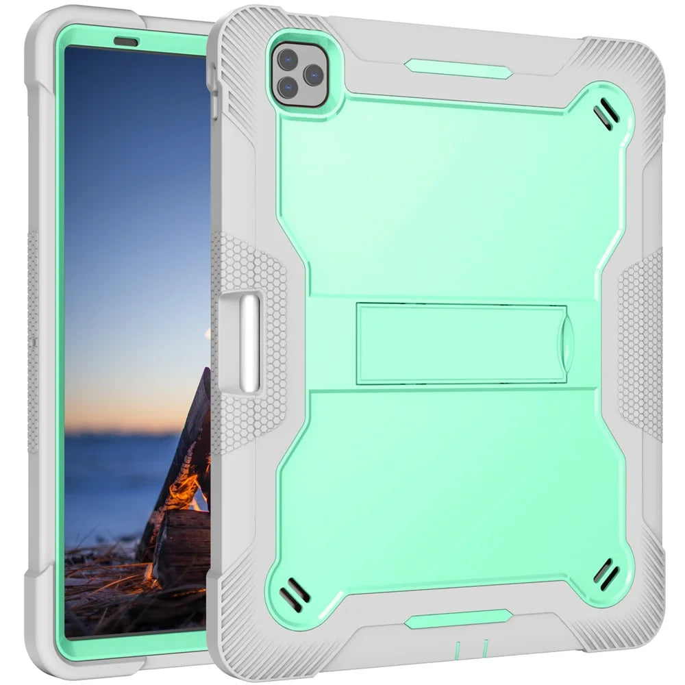 Kickstand Tablet Case for iPad Pro 12.9 (2018) / (2020) / (2021) / (2022) , Silicone + PC Protective Cover with Pencil Holder - Grey+Mint Green - 2
