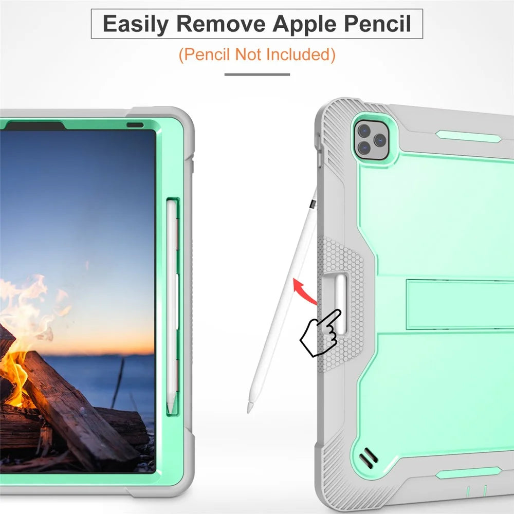 Kickstand Tablet Case for iPad Pro 12.9 (2018) / (2020) / (2021) / (2022) , Silicone + PC Protective Cover with Pencil Holder - Grey+Mint Green - 3