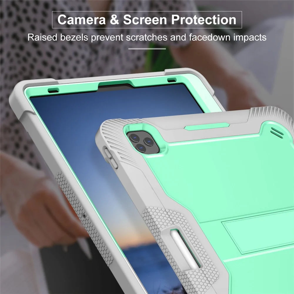 Kickstand Tablet Case for iPad Pro 12.9 (2018) / (2020) / (2021) / (2022) , Silicone + PC Protective Cover with Pencil Holder - Grey+Mint Green - 4