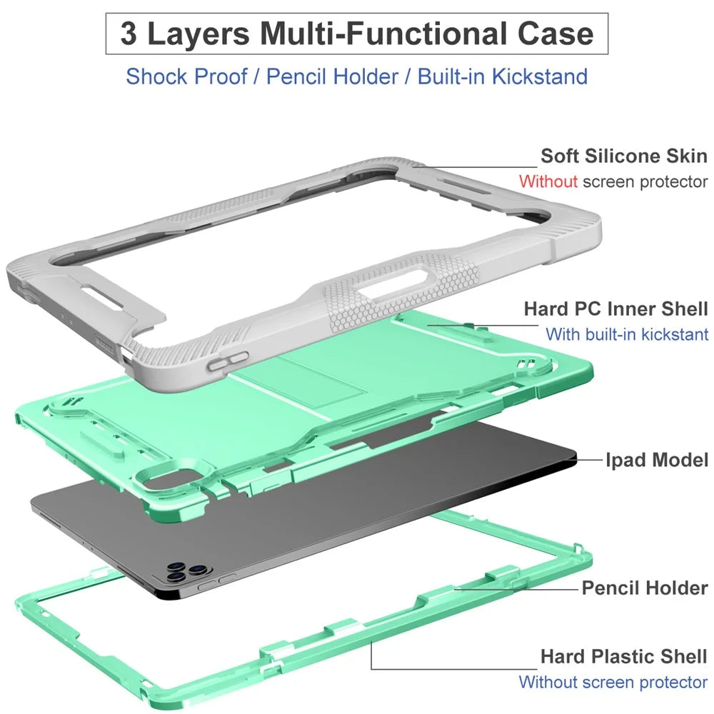 Kickstand Tablet Case for iPad Pro 12.9 (2018) / (2020) / (2021) / (2022) , Silicone + PC Protective Cover with Pencil Holder - Grey+Mint Green - 6