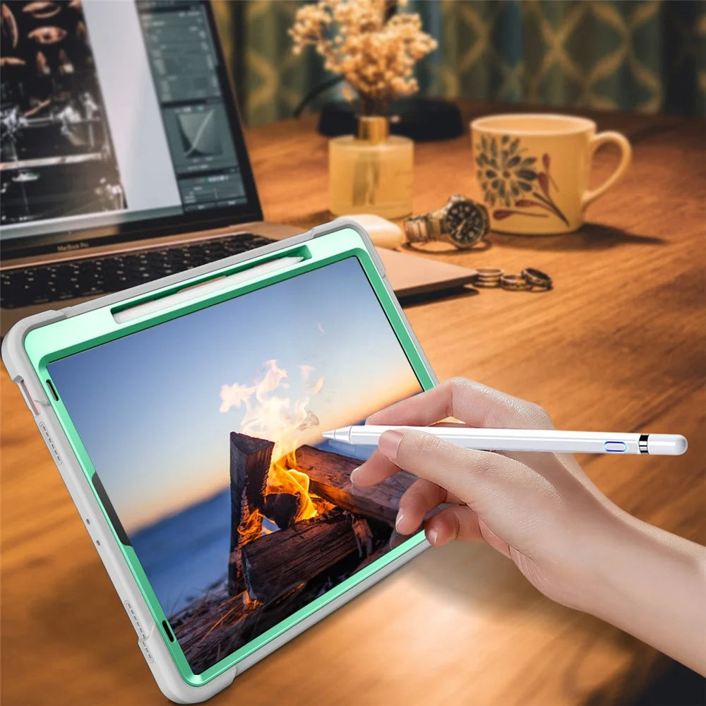 Kickstand Tablet Case for iPad Pro 12.9 (2018) / (2020) / (2021) / (2022) , Silicone + PC Protective Cover with Pencil Holder - Grey+Mint Green - 7