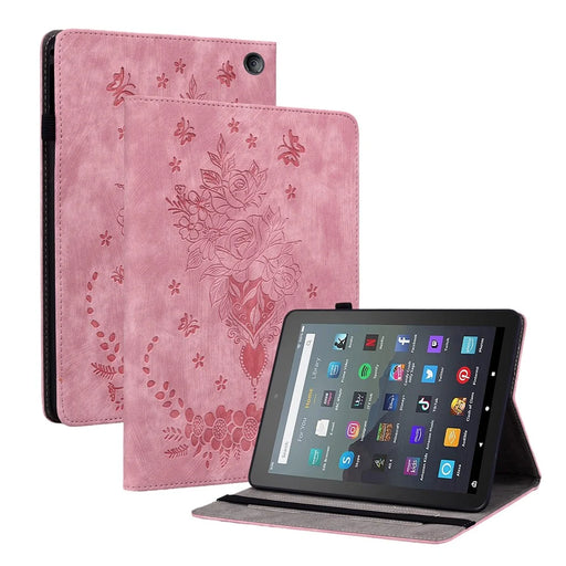 For Amazon Fire 7 (2022) PU Leather Stand Cover Butterfly Rose Imprinted Anti-drop Tablet Case with Card Slots - Pink - 1