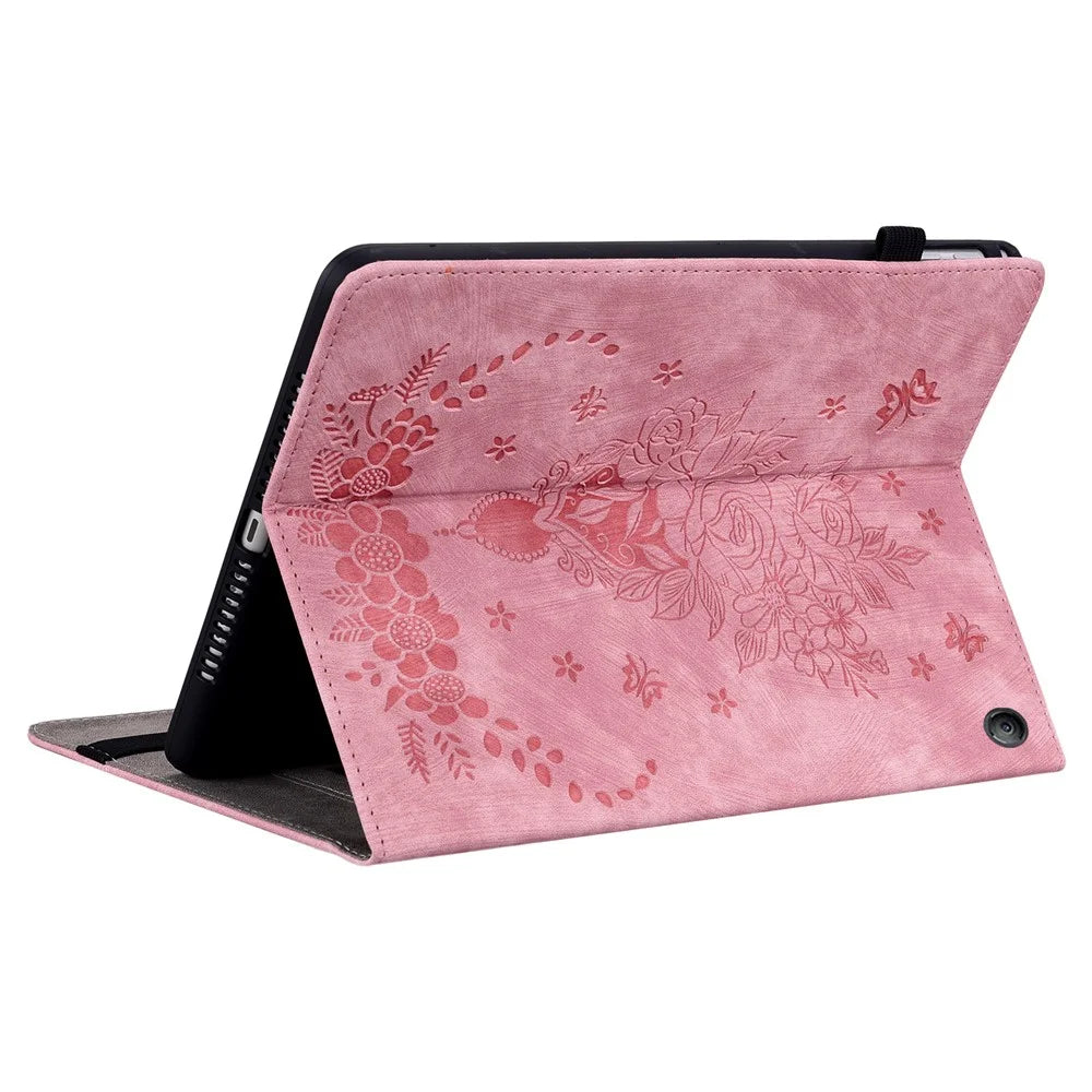 For Amazon Fire 7 (2022) PU Leather Stand Cover Butterfly Rose Imprinted Anti-drop Tablet Case with Card Slots - Pink - 4
