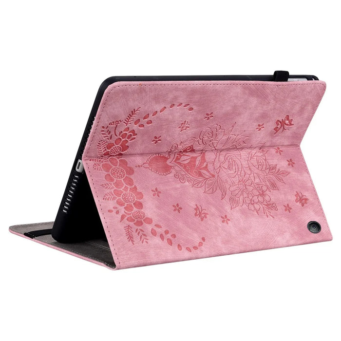 For Amazon Fire 7 (2022) PU Leather Stand Cover Butterfly Rose Imprinted Anti-drop Tablet Case with Card Slots - Pink - 4