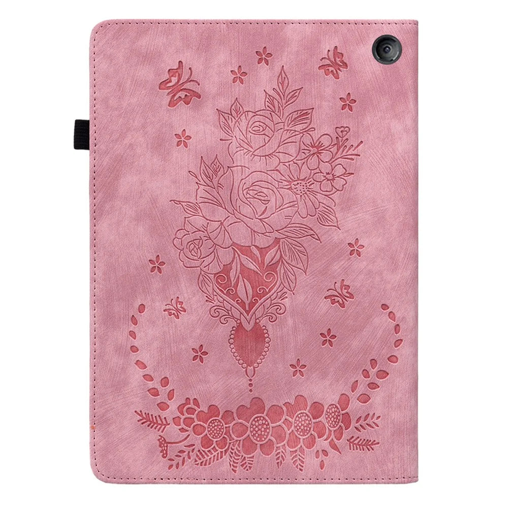 For Amazon Fire 7 (2022) PU Leather Stand Cover Butterfly Rose Imprinted Anti-drop Tablet Case with Card Slots - Pink - 7
