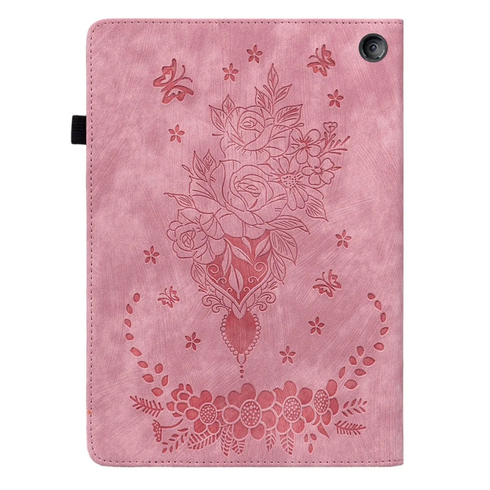 For Amazon Fire 7 (2022) PU Leather Stand Cover Butterfly Rose Imprinted Anti-drop Tablet Case with Card Slots - Pink - 7