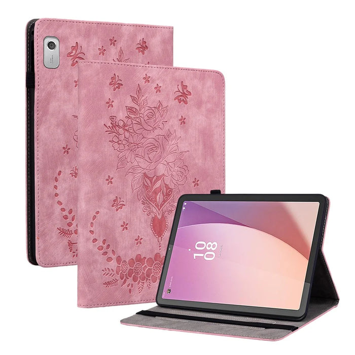 For Lenovo Tab M9 TB-310FU Stand Card Slots Tablet Case Imprinted PU Leather Protective Cover - Pink - 1