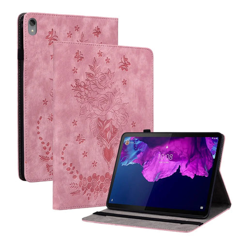 For Lenovo Tab P11 TB-J606F Anti-scratch Imprinted PU Leather Case Stand Tablet Cover with Pen Holder - Pink - 1