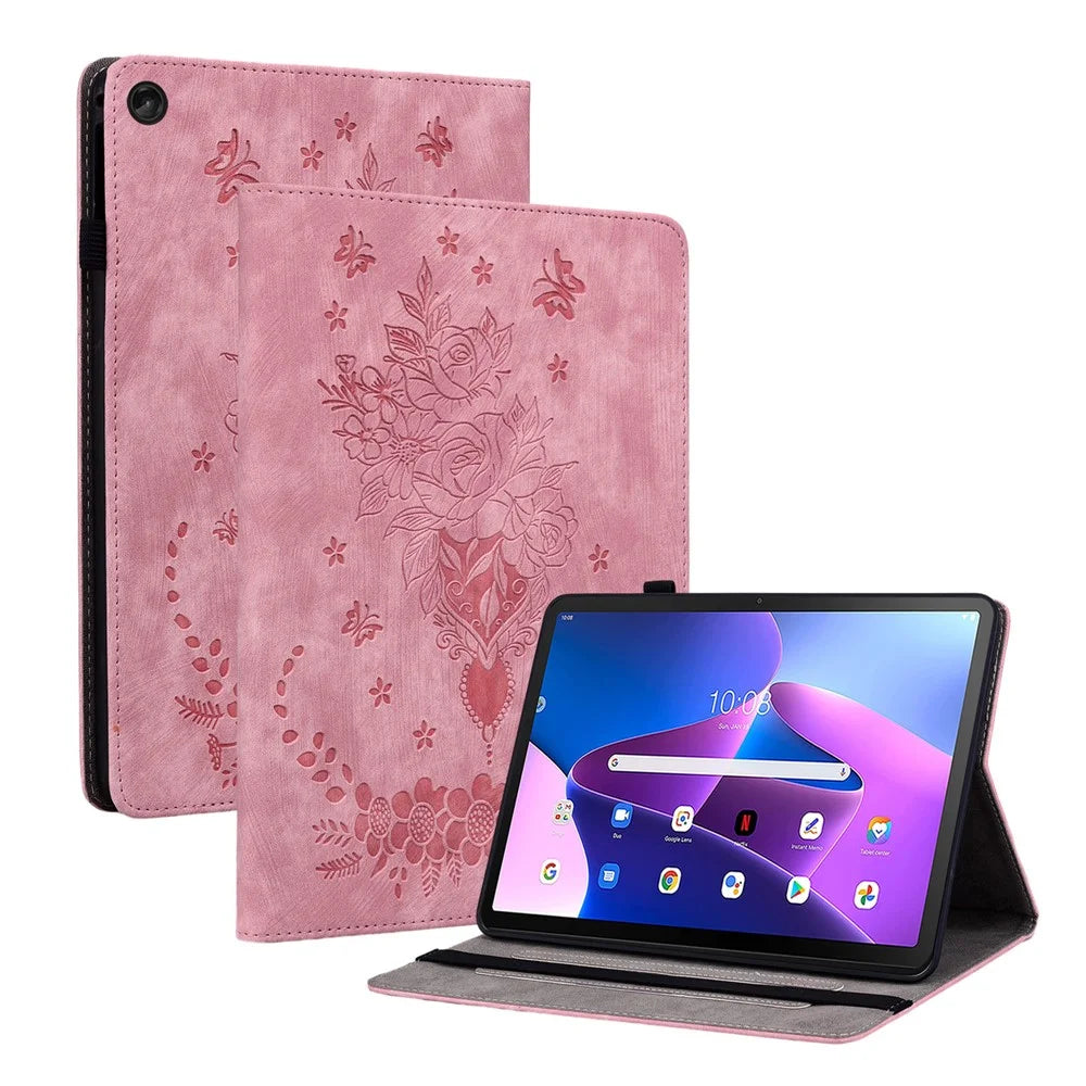 For Lenovo Tab M10 (Gen 3) Shockproof PU Leather Case Imprinted Design Stand Tablet Cover with Pen Holder - Pink - 1