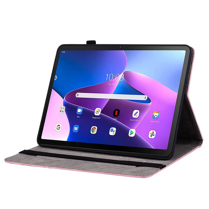 For Lenovo Tab M10 (Gen 3) Shockproof PU Leather Case Imprinted Design Stand Tablet Cover with Pen Holder - Pink - 3