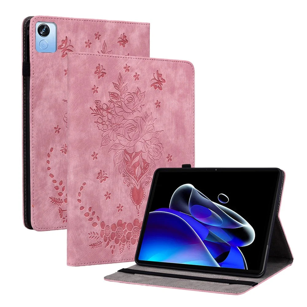 For Realme Pad X Card Holder Tablet Case Imprinted PU Leather Stand Protective Cover - Pink - 1
