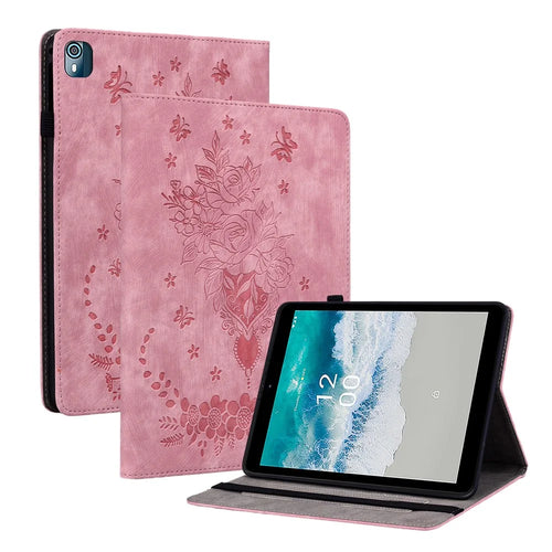 Stand Tablet Case for Nokia T10 , Card Slots Imprinted PU Leather Anti-drop Tablet Cover - Pink - 1