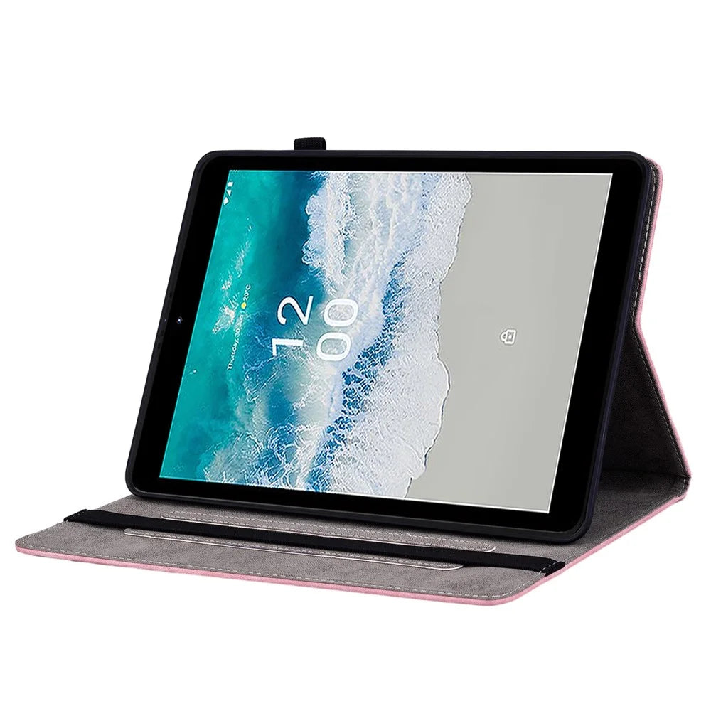 Stand Tablet Case for Nokia T10 , Card Slots Imprinted PU Leather Anti-drop Tablet Cover - Pink - 3